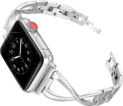 Stravo Elegante metalen bandje met diamantjes - Geschikt voor Apple Watch 42mm(Series 11/10)/41/40/38mm - Girl Bling slanke metaal RVS dames Horlogebandje - Voor Apple Watch SE 1 2 3 / Series 11 10 9 8 7 6 5 4 3 2 1 - Zilver