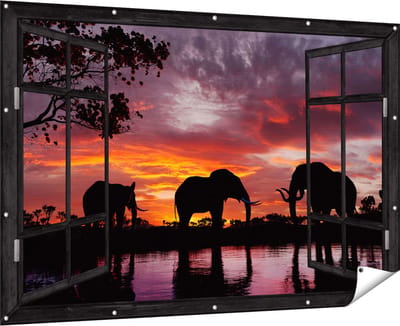 Gards Tuinposter Doorkijk Olifanten tijdens Zonsondergang - Silhouet - 180x120 cm - Tuindoek - Tuindecoratie - Wanddecoratie buiten - Tuinschilderij