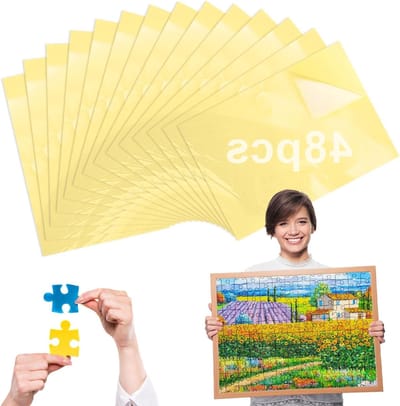 Dubbelzijdige puzzellijm voor het fixeren en beschermen van puzzels, 48 vellen, geschikt voor 6 x 1000 stukjes, foto's en ansichtkaarten (25 x 18 cm)