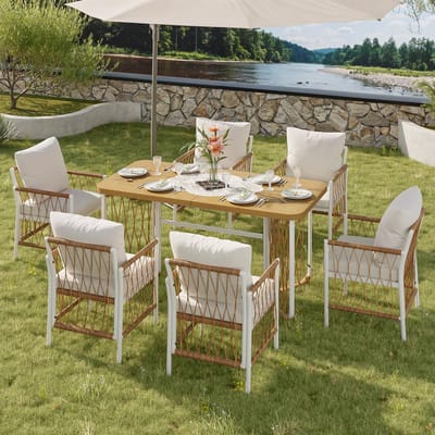Sweiko Tuin Dining loungeset - Eettafel + 6 fauteuils - Metalen frame - Gevlochten armleuningen - Met kussens - Beige + Naturel