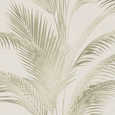 Natuur behang Profhome 399802-GU vliesbehang hardvinyl warmdruk in reliëf licht gestructureerd met palmen subtiel glanzend crème parelwit grasgroen lichtgroen 5,33 m2