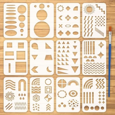 Dailygoods - 12-Delige Set Geometrische Vorm Sjablonen met Verfkwast - Voor Schilderen en Creatieve Projecten