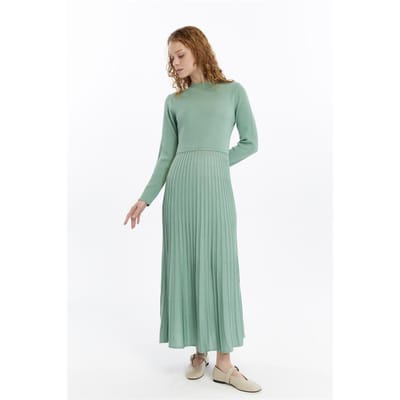 Dames Geplooide Rok, Thin Seasonal Cold Yarn Gebreide kleding Jurk, Almond Groen