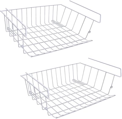Famanu – Opbergmand onder plank - Onder kabinet Opknoping metaaldraad Opslag Draadmand Organizer Geschikt voor dubbele haken voor keuken Pantry Bureau Boekenplank Kast (2 stuks - wit)