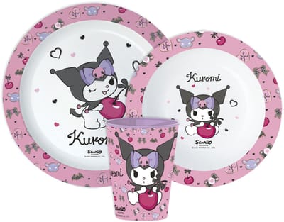 Hello Kitty Serviesset - Beker 260 ml - Diepe kom - Plat bord - 2 stuks - Kuromi - Eetset met beker - Voor verjaardagen en feestjes - Voor kinderen - Voor meisjes