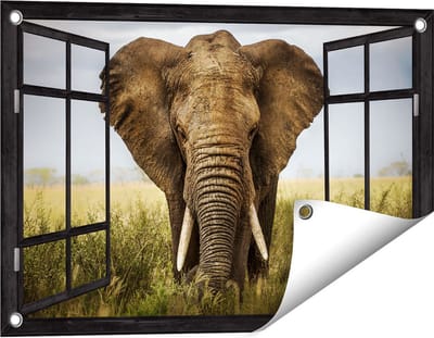 Gards Tuinposter Doorkijk Olifant in het Wild - Kleur - 60x40 cm - Tuindoek - Tuindecoratie - Wanddecoratie buiten - Tuinschilderij