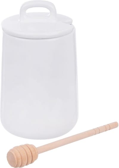 Honingpot met Lepel Porselein WHITELINE 470 ml - Honinglepel - Honingdipper - Honing Siroop Dispenser
