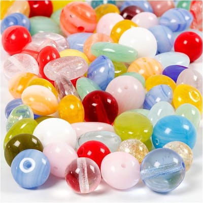 Glazen kralen, rond, ovaal, cirkel, d 6-13 mm, gatgrootte 0,5-1,5 mm, diverse kleuren, 60 gr