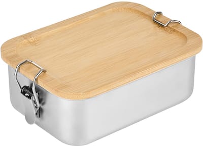 Broodtrommel van 850 ml, roestvrij staal, lunchbox voor volwassenen en kinderen, kleine lunchbox, metaal, met houten deksel, BPA-vrij, bentobox, ontbijtbox, brooddoos voor school, uitstapjes