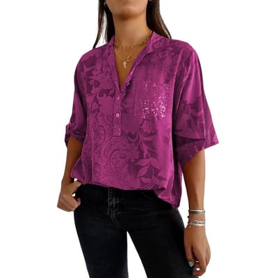Dames Zomer Shirt V-hals Revers Half Mouw Trui Tops Bedrukking Knopen Half Sluiting Pailletten Opgestikte Zak Los Shirt XXL paarsrode kleur