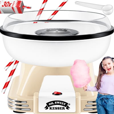 KESSER® Suikerspinmachine Set voor thuis - Met 30x Suikerspinstaafjes & Maatschep - Retro Suikerspinmachine - Suikerspinmachine Met Accessoires - Hoogte 22 cm - 500 W - Creme / Wit