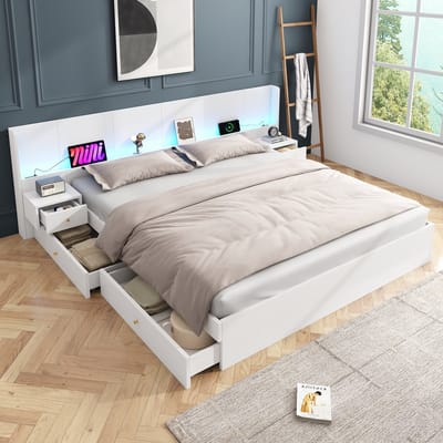 MODFU Ledikant 180x200 cm – wit MDF – met 16-kleuren LED, USB, stopcontacten, 2 nachtkastjes en lades