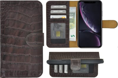 Geschikt voor iPhone XR Hoesje Leer - Bookcase - iPhone XR Book Case Wallet Echt Leer Croco Chocoladebruin Cover