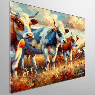 Olieverf koeien schilderij | Kleurrijke Melkvee Landschap: Boerenleven in Olieverf Gevangen | Kunst - 75x75 centimeter op Forex | Foto op Forex