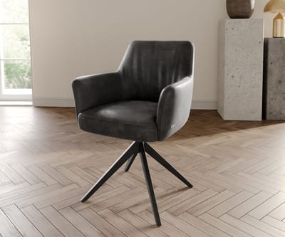 Eetkamerstoel Xana-Flex met armleuning kruisframe breed zwart microvelours antraciet vintage 360° draaibaar pocketveer kern