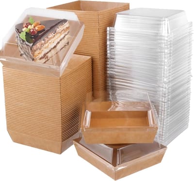 100 Stuks Vierkante Kraft Papieren Cake Dozen met Duidelijke Plastic Deksel - 13.5 x 12.5 x 6 cm - Ideaal voor Taarten, Cupcakes en Koekjes