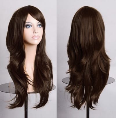KIMU® Luxe Lange Donkerbruine Pruik - Lang Bruin Met Schuine Pony Festival