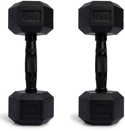 Gym Masters hexa Dumbbells 4 kg Set (2 stuks) – Hexagon Dumbbells – Rubber Fitness Gewichten – Zwart
