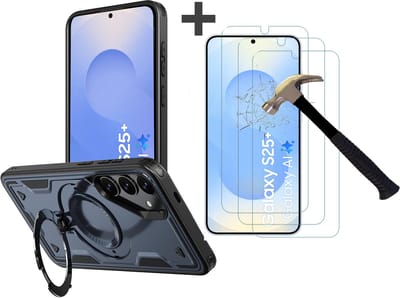 Hoesje Geschikt voor Samsung Galaxy S25 Plus met 3 Stuks gehard glas Screenprotectors - Armor hoes met Ringhouder - Arara backcover - Navy