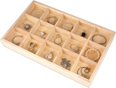 Houten Opbergdoos met 12 Compartimenten voor Sieraden, Verzamelobjecten en Munten - Stapelbaar 20 x 30 x 5 cm