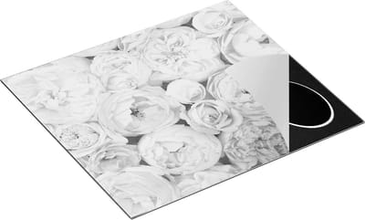 Chefcare Inductie Beschermer Witte Roze Rozen Boeket - Bloemen - Zwart Wit - 60x50 cm - Afdekplaat Inductie - Kookplaat Beschermer - Inductie Mat
