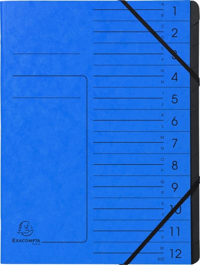 Exacompta 10x Sorteermap met vaste rug - elastosluiting - zwarte binnenafwerking - 12 vakken - A4 - Blauw - 541202E