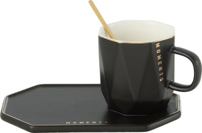 J-Line kop + schoteltje + lepel Moments - keramiek - zwart