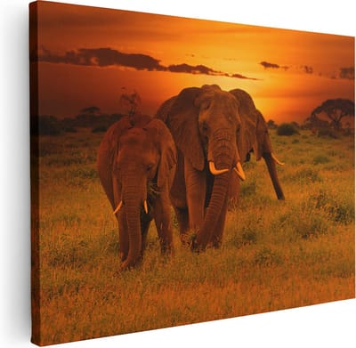 Artaza Canvas Schilderij Olifanten Safari - 40x30 cm - Klein - Wanddecoratie Woonkamer - Muurdecoratie Dieren - Kamer Accessoires