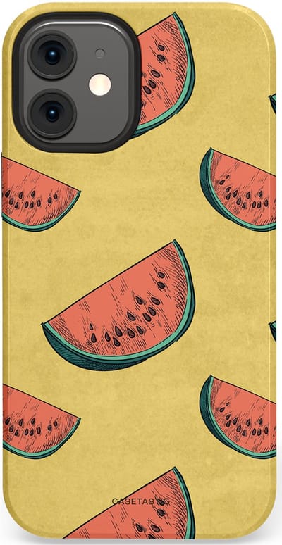 Casetastic Hoesje Geschikt voor Apple iPhone 12 Mini - Stijlvolle Beschermende Duo-layer Case - Retro Meloengeel