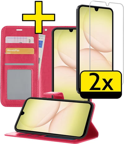 Hoesje - Met 2x Screenprotector - Geschikt voor Samsung Galaxy A17 - Luxe Pasjeshouder - Bookcase Portemonee - Flip Case - Kunstleer Book Case - Flipcase Hoes - Book Cover - Walletcase - Portemonneehoes - Telefoonhoesjes - Donkerroze