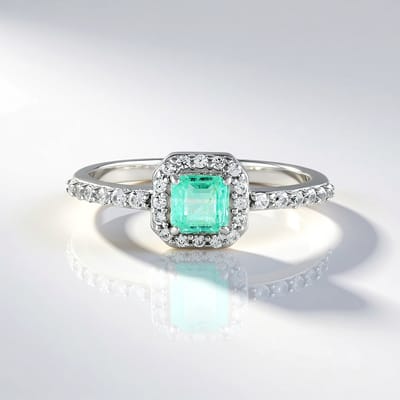 Cavill - Zilveren Ring Platina Geplateerd - Paraiba Kleurige Smaragd 0,455 ct - Asscher Achthoek - Cambodjaanse Zirkonen 0,859 ct - Elegante Damesring