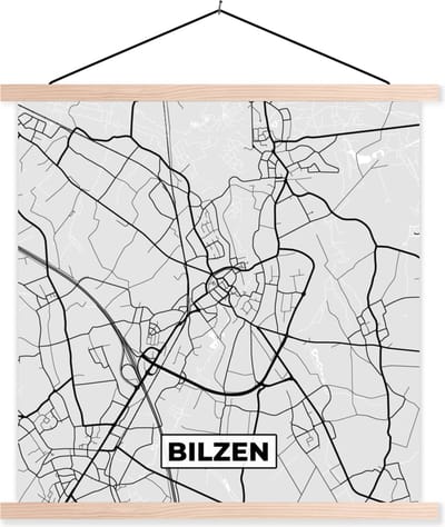 Posterhanger incl. Poster 40x40 cm - Schoolplaat - Plattegrond – Bilzen – Zwart Wit – Stadskaart - Kaart - Textielposter - Blanke latten - Stadskaart