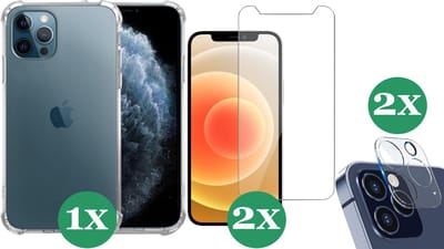 Hoesje geschikt voor iPhone 12 Pro Transparant Shock Case - 2x Screenprotector Glas + 2x Camera Screen Protector