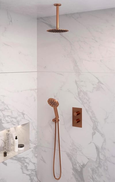 Brauer Copper Edition thermostatische inbouw regendouche 3-weg omstelling SET 35 met 20 cm douchekop en plafondarm en 3-standen handdouche en doucheslang en wandaansluitbocht koper geborsteld PVD