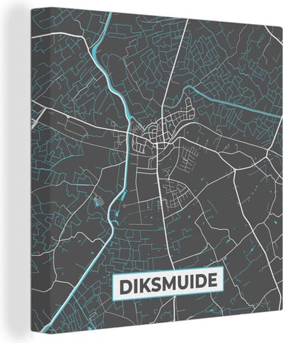 Canvas Schilderij Stadskaart – Grijs - Kaart – Diksmuide – België – Plattegrond - 20x20 cm - Wanddecoratie