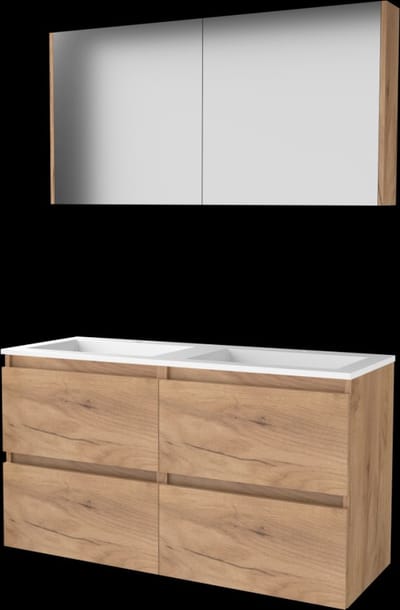 Basic Comfort 46 badmeubelset met spiegelkast, greeploze wastafelonderkast met 4 lades en acryl wastafel met 2 kraangaten 120 x 46 cm, whisky oak