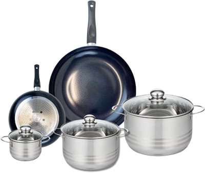 Set van 2 Koekenpannen 20 en 32 cm en 3 kookpotten 12, 20 en 24 cm Elo Prima Glanzend