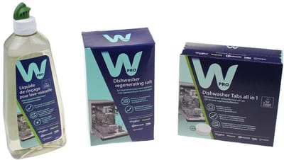 WPRO - Vaatwasseronderhoudsset - 24 tabletten + glansmiddel (500 ml) + zout (1 kg) - C00950097