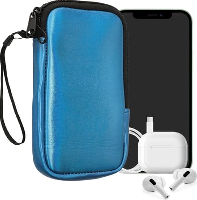 kwmobile telefoontasje universeel geschikt voor XL - 6,7/6,8" smartphones - 17,2 x 8,4 cm - Hoesje met rits en polslusje -In Metallic carabisch blauw -