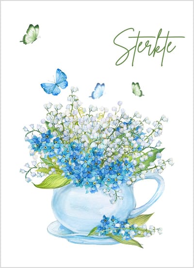 Wenskaart sterkte theekop blauwe bloemen vlinders – 10x15 cm – stevige kaart 400 grams – inclusief kraft envelop – condoleancekaart – sterkte kaart