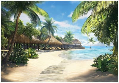 WALLARENA - Fotobehang - 150x105 cm - 3D afbeelding van een paradijselijke strand met palmen en zee voor slaapkamer en woonkamer