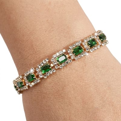 Groen goudkleurig tennis armband dames met rechthoekige zirkonia stenen statement armband luxe schakel armband met strass details elegante armband