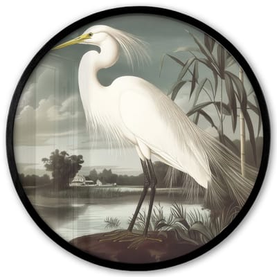Poster in lijst Rond - Fotolijst 40x40 cm - Posters - Reiger - Planten - Wolken - Wit - Ronde posterlijst zwart - Decoratie - Wanddecoratie woonkamer - Muurdecoratie slaapkamer
