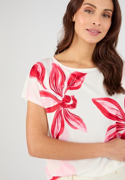 Damart - T-shirt van crêpe met bloemenprint aan de voorkant - Dames - Rood - S
