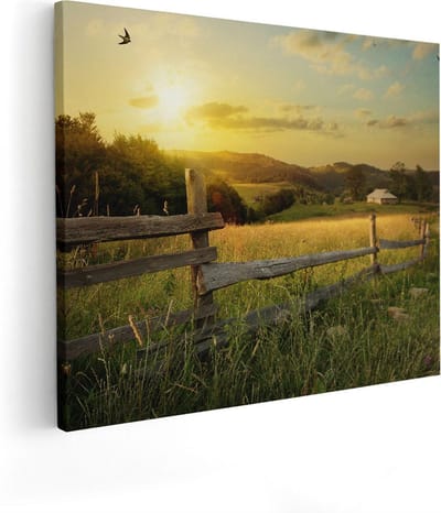 Artaza Canvas Schilderij Zonsondergang Platteland - 50x40 cm - Wanddecoratie Vogels - Muurdecoratie Weiland - Kamer Accessoires