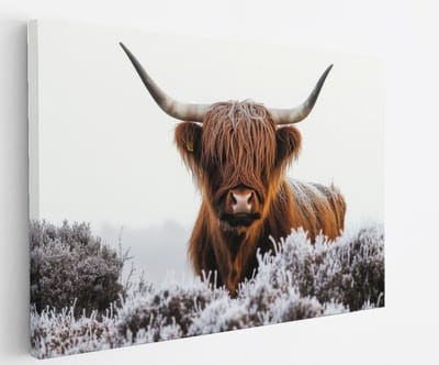 Saammp - Canvas Schilderij - Schotse Hooglander Koe - Bevroren gras - Dieren - Natuur - 45x30 - Foto op canvas - Wanddecoratie - muurdecoratie Woonkamer - Slaapkamer decoratie - Canvas Print