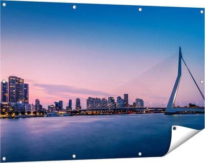 Gards Tuinposter Erasmusbrug in Rotterdam met Zonsondergang - 120x80 cm - Tuindoek - Tuindecoratie - Wanddecoratie buiten - Tuinschilderij