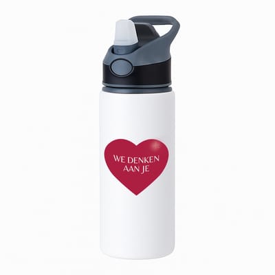 Hacebo® - We denken aan je hartje waterfles met rietje zwart - Quotes - iemand die door een moeilijke tijd gaat - moeilijke tijd - ziek - koorts - snel beter worden - cadeau - beterschap cadeau - kado - gift - geschenk - water fles - 650ML