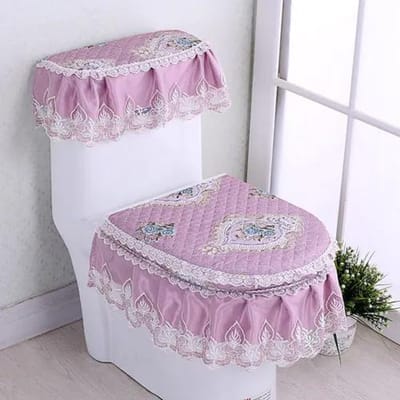 Huishoudelijk Toiletbrilkussen Driedelige Set Kantstof Toiletmat Europese stijl bloemen Spoeltoiletbrilhoes gray