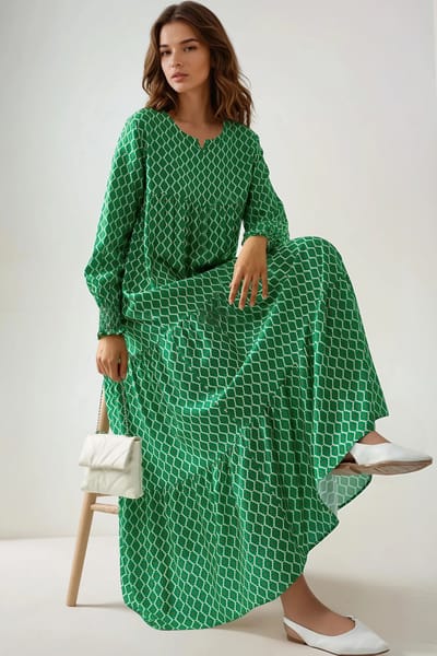 Geprinte Korte Mouw Viscose Maxi Jurk